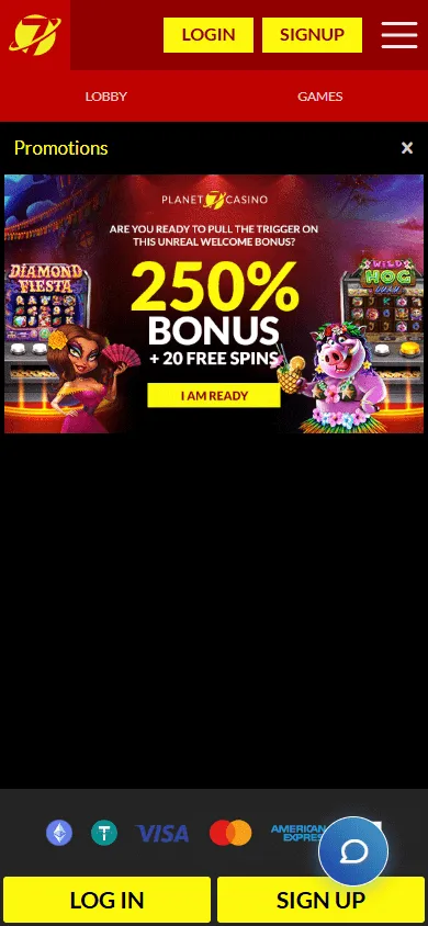 Planet 7 Casino promotions area on a mobile browser