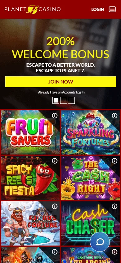 Planet 7 Casino home page on a mobile browser