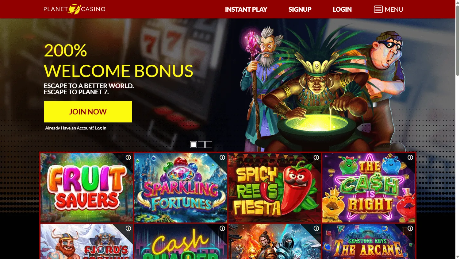 Planet 7 Casino home page on desktop